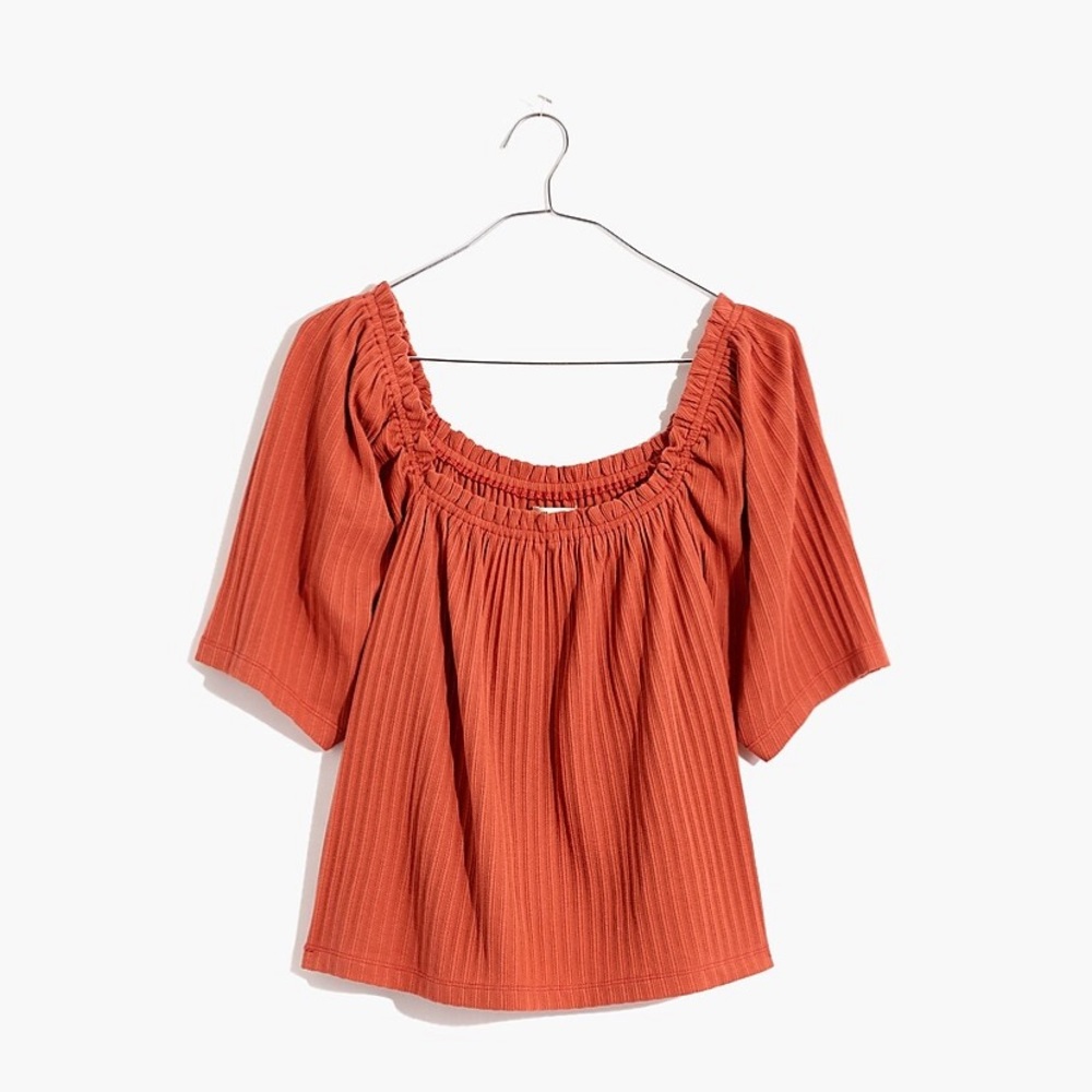 Madewell Knit Pointelle Peasant Top in Afterglow Red Sz L